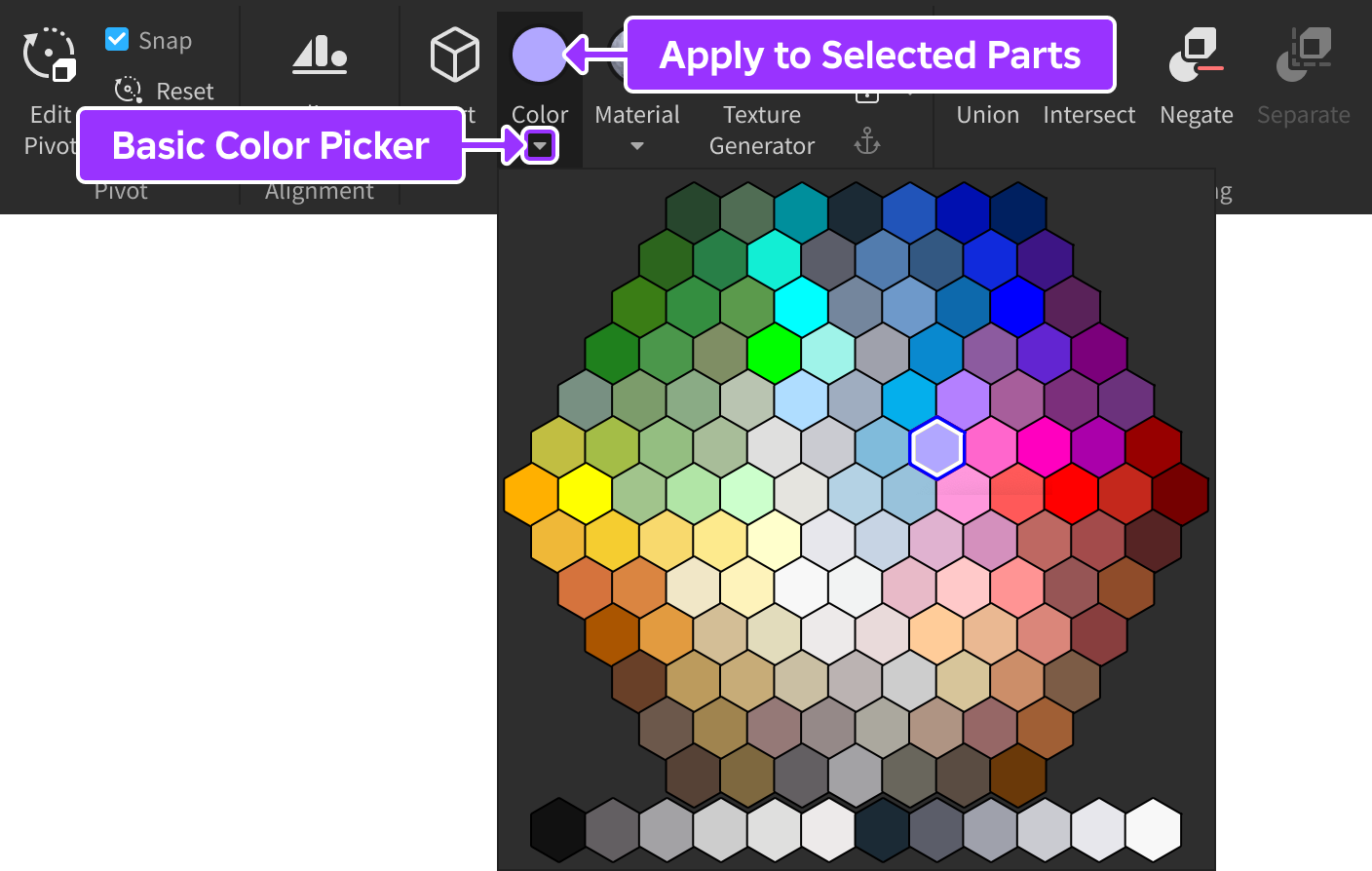 Studio's Model tab with the Color button's components highlighted.