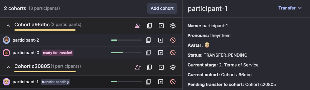 Experiment dashboard with pending transfer