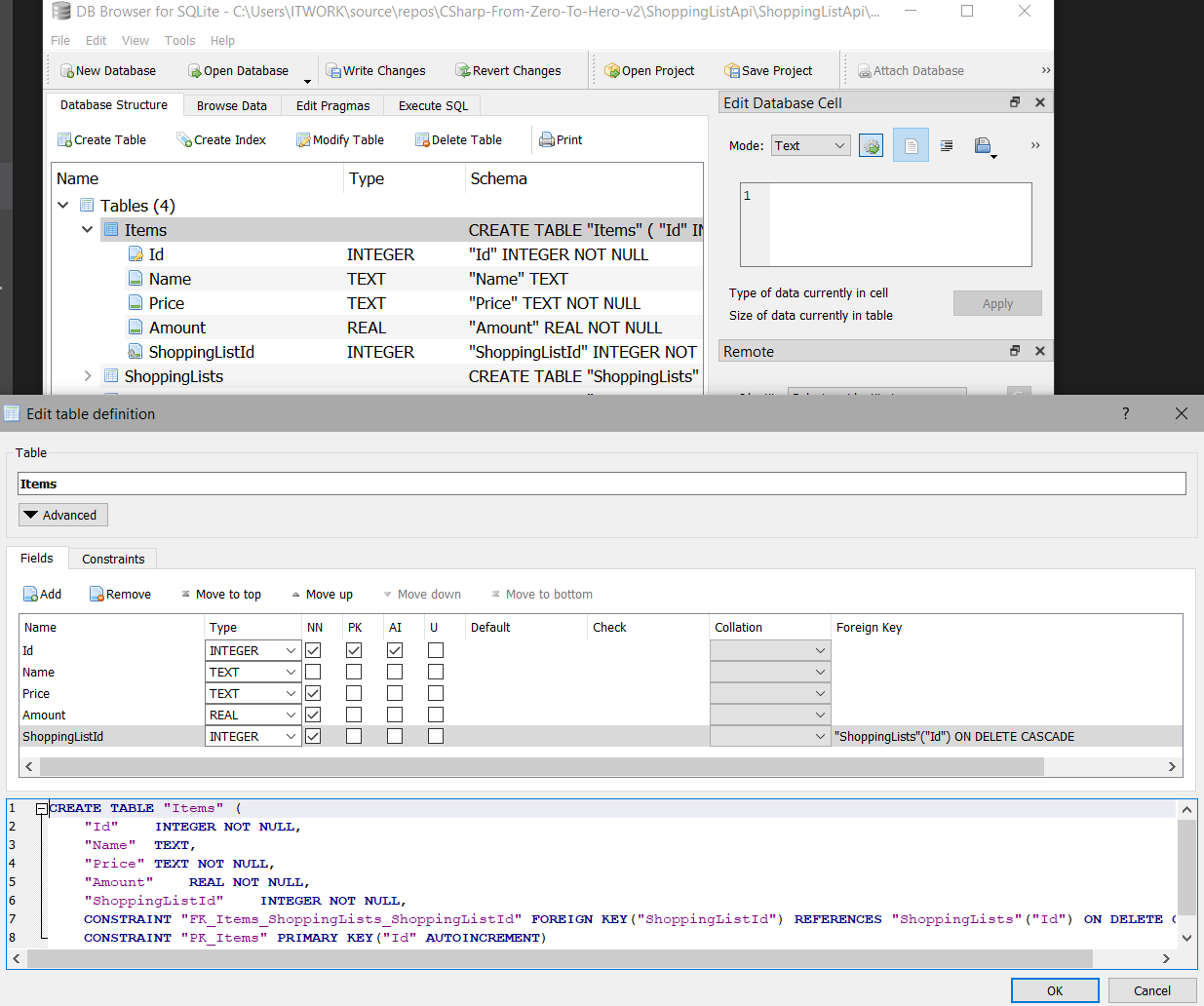 SQLite Table Properties